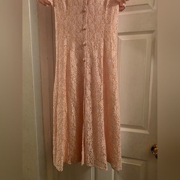 Vtg 80s Blush Pink Full Lace Maxi Dress Button Front Lined Bridal Dawn Joy 12P - Picture 12 of 12
